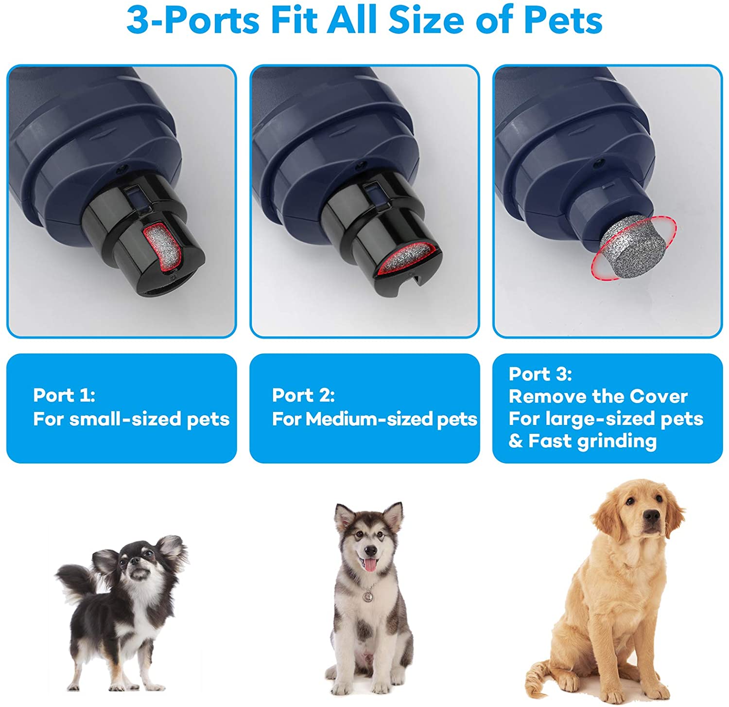 SmartpawLite Pet Nail Grinder Trimmer LED Model New Version - 3 Ports fit for all sizes of pets