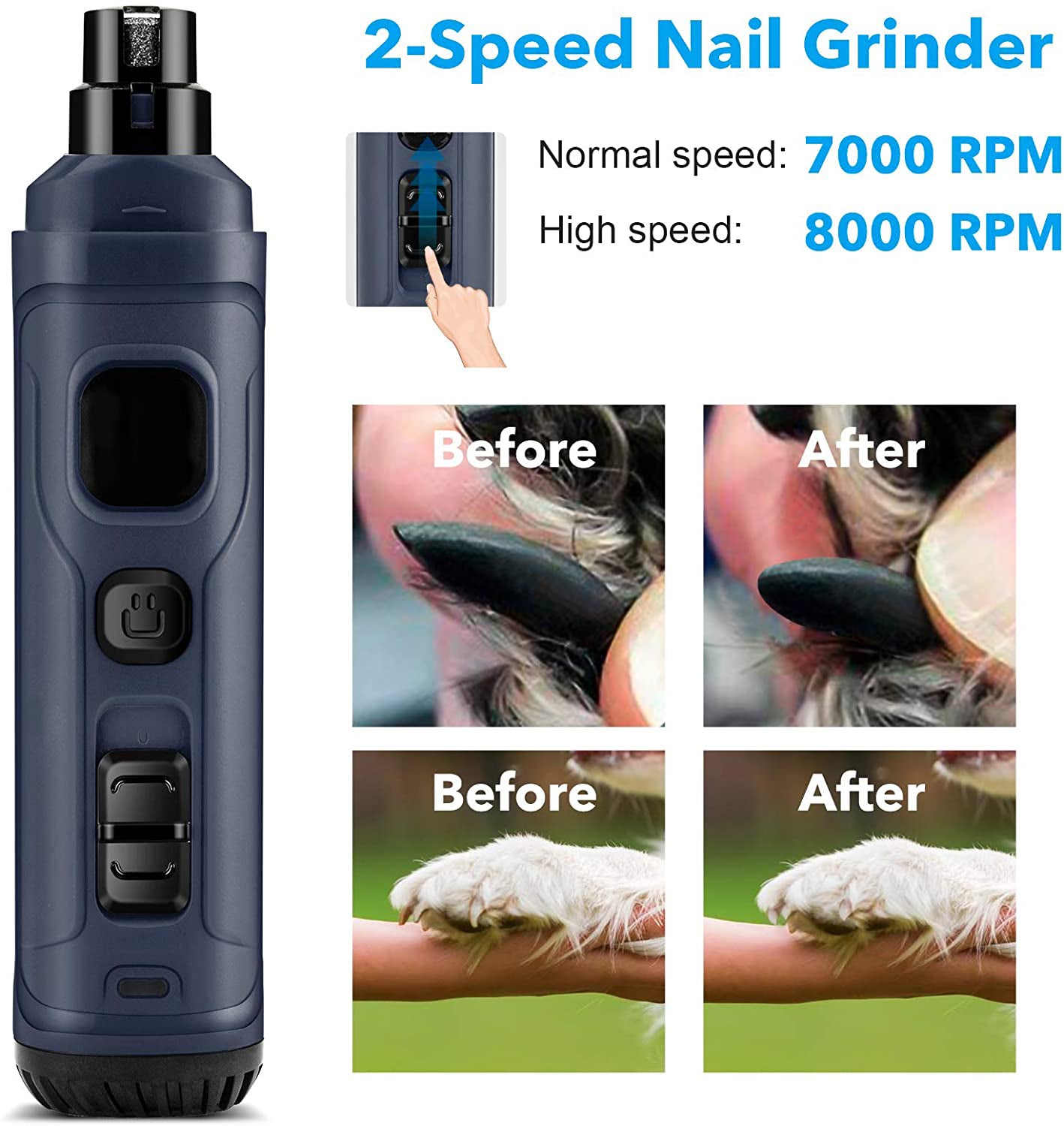 SmartpawLite Pet Nail Grinder Trimmer LED Model New Version - 2 Speed Nail Grinder Norma and High Speed