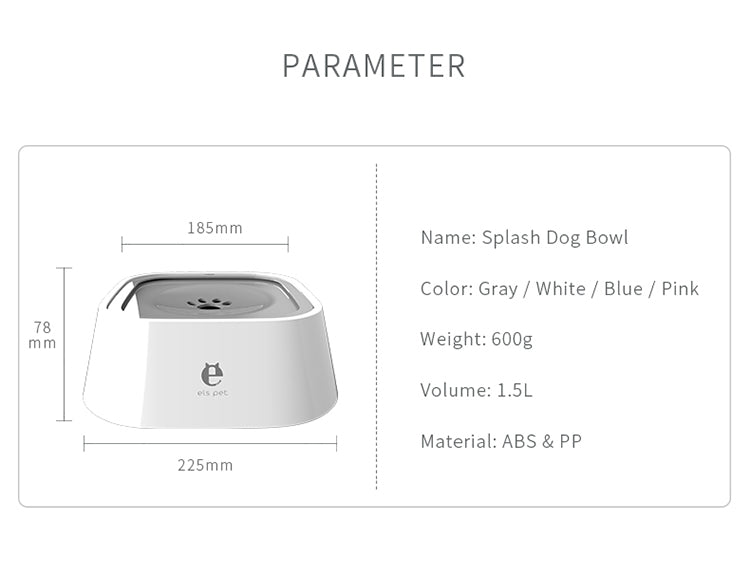 ELSPET No Splash Pet Water Pet Bowl - Parameter and Size Specifications